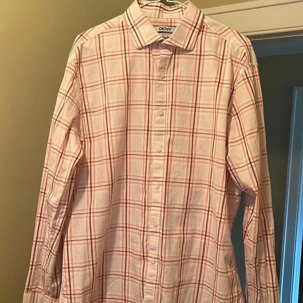 DKNY retro Slim Fit dress or casual shirt light pink and burgundy lines